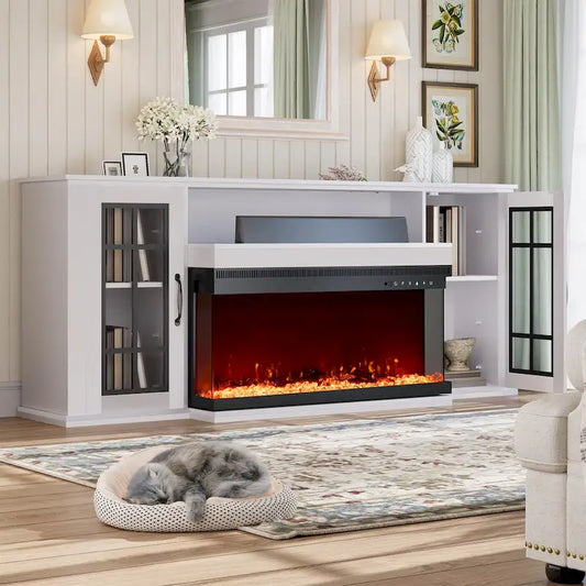 70 Fireplace TV Stand with 3-Sided Glass, ETL Certified, 12 Flame Colors, Realistic Ember Bed, Accommodates TVs up to 80