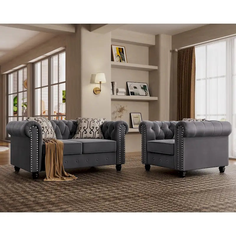 Morden Fort Classic Tufted Velvet Upholstered Chesterfield Club Chair Loveseat 2 Pieces with Nailhead for Living Room