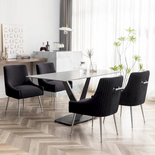 SEYNAR Modern Velvet Pleated Finish Back Dining Chair Set of 4 with Rear Handle