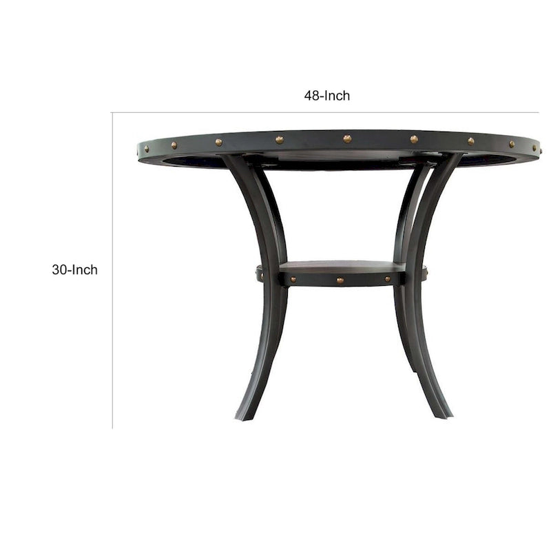 Sie 48 Inch Dining Table, Round Nailhead Trim Top with Shelf, Black Wood