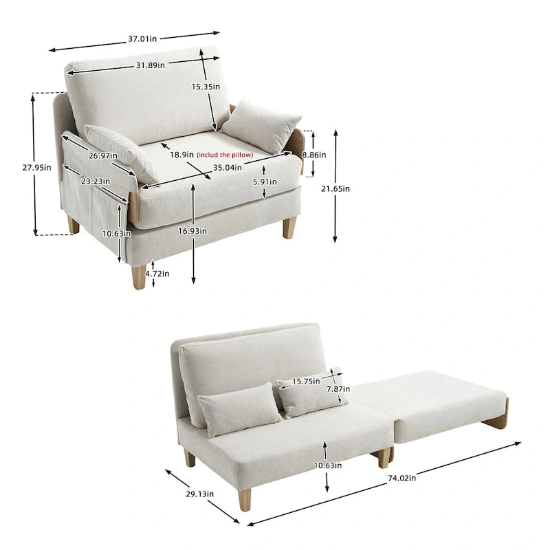 Chenille Upholstered Convertible Sleeper Recliner Foldable Chair Bed with 3 Pillows