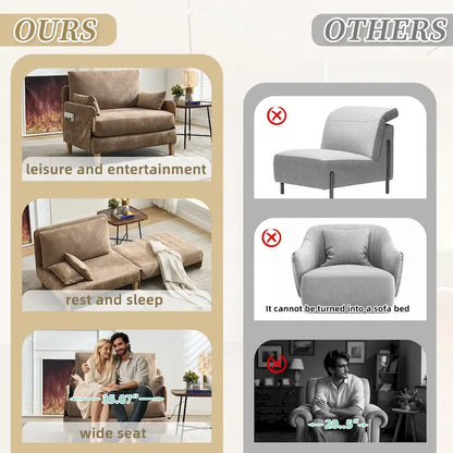 Chenille Upholstered Convertible Sleeper Recliner Foldable Chair Bed with 3 Pillows