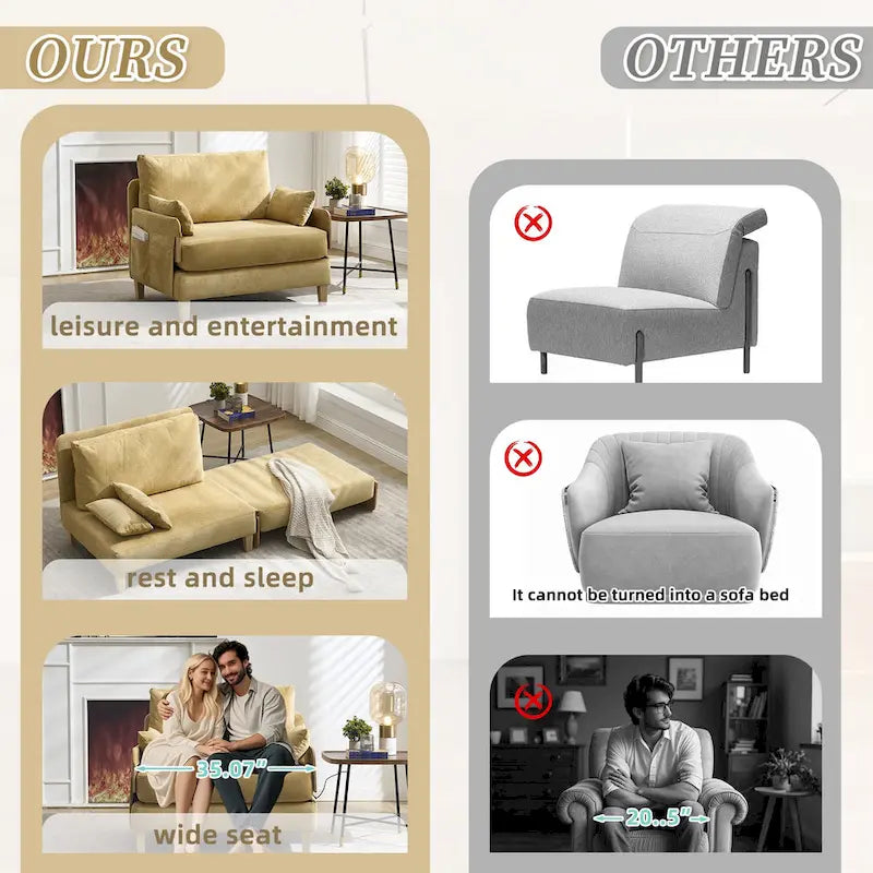 Chenille Upholstered Convertible Sleeper Recliner Foldable Chair Bed with 3 Pillows