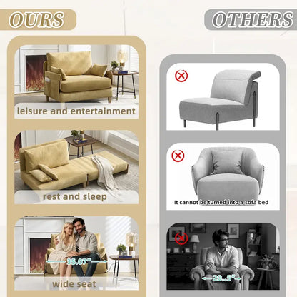 Chenille Upholstered Convertible Sleeper Recliner Foldable Chair Bed with 3 Pillows