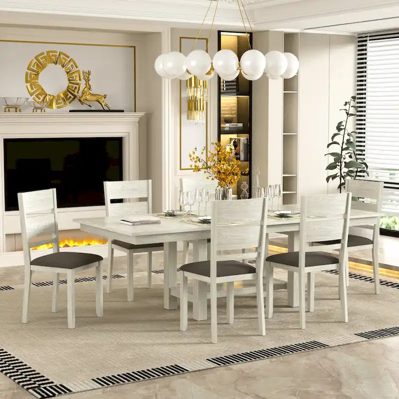 VECELO 7-Piece Dining Table Set, Thickened Solid Wood Rectangular Extendable Dining Table & 6 Solid Wood Dining Chairs