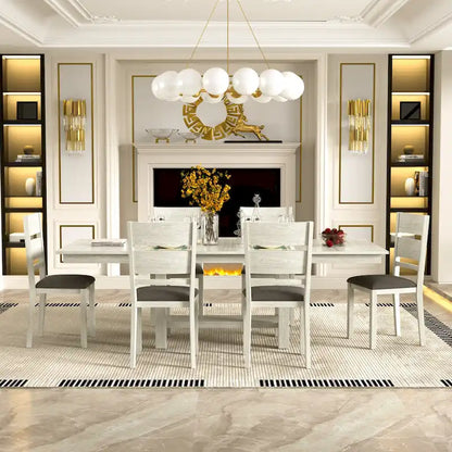 VECELO 7-Piece Dining Table Set, Thickened Solid Wood Rectangular Extendable Dining Table & 6 Solid Wood Dining Chairs