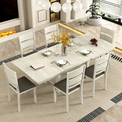 VECELO 7-Piece Dining Table Set, Thickened Solid Wood Rectangular Extendable Dining Table & 6 Solid Wood Dining Chairs