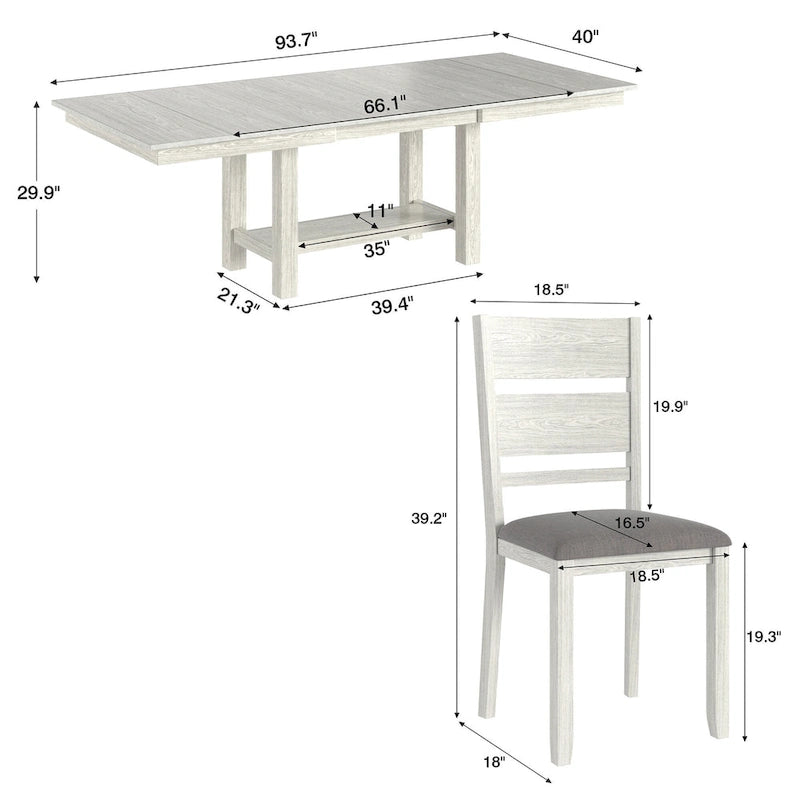 VECELO 7-Piece Dining Table Set, Thickened Solid Wood Rectangular Extendable Dining Table & 6 Solid Wood Dining Chairs