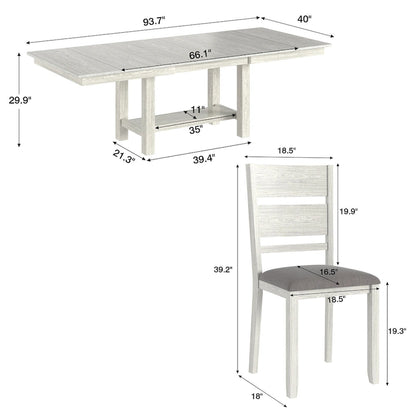 VECELO 7-Piece Dining Table Set, Thickened Solid Wood Rectangular Extendable Dining Table & 6 Solid Wood Dining Chairs