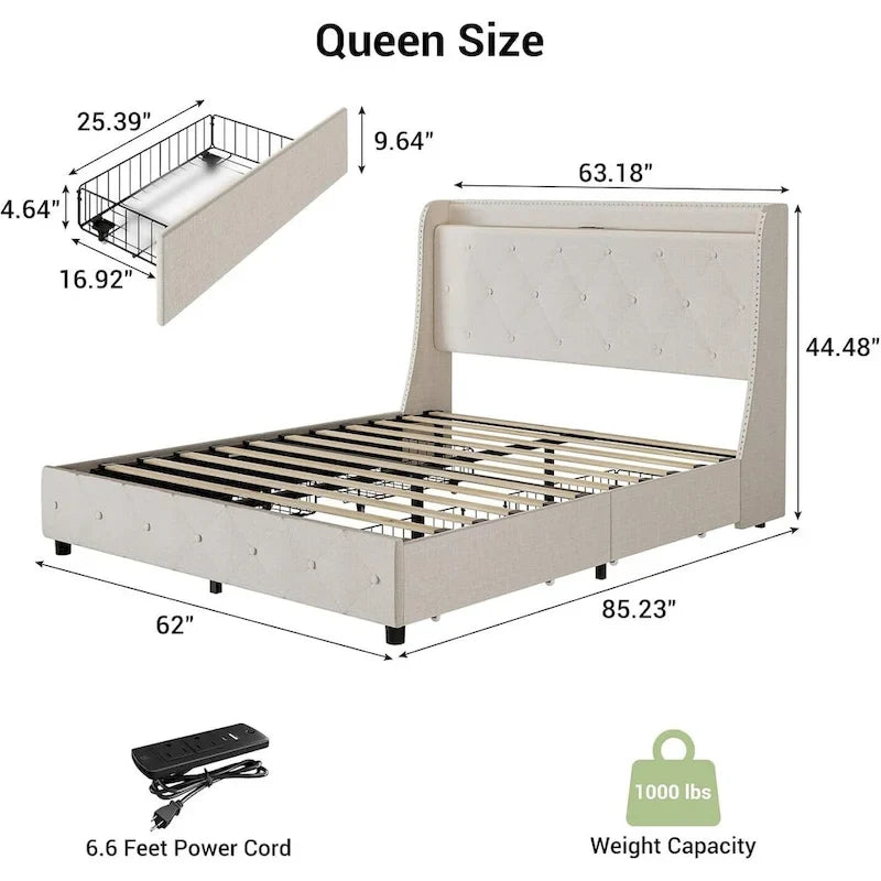 Bed Frame with Headboard and 4 Storage Drawers