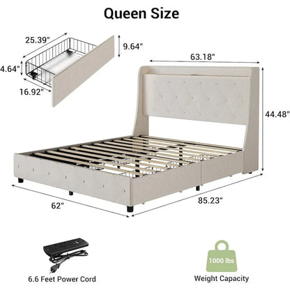 Bed Frame with Headboard and 4 Storage Drawers