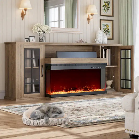 70  Fireplace TV Stand with 3-Sided Glass, ETL Certified, 12 Flame Colors, Realistic Ember Bed, Accommodates TVs up to 80 