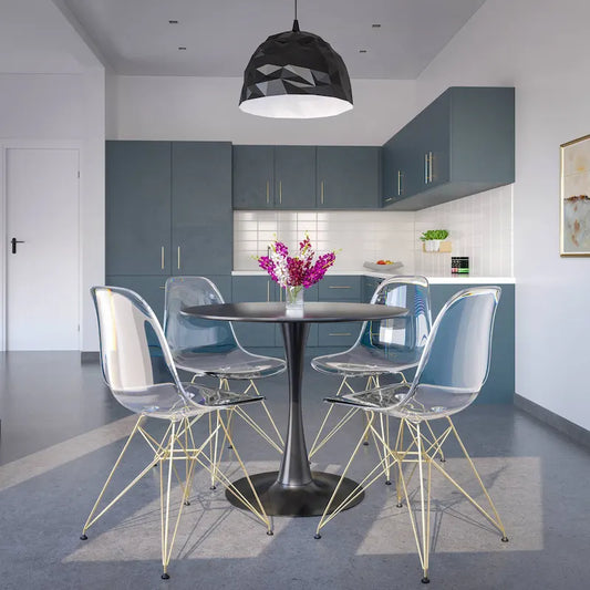 5-Piece Dining Set with 35  Round MDF Table and 4 ABS Plastic Side Chair with Gold Metal Legs