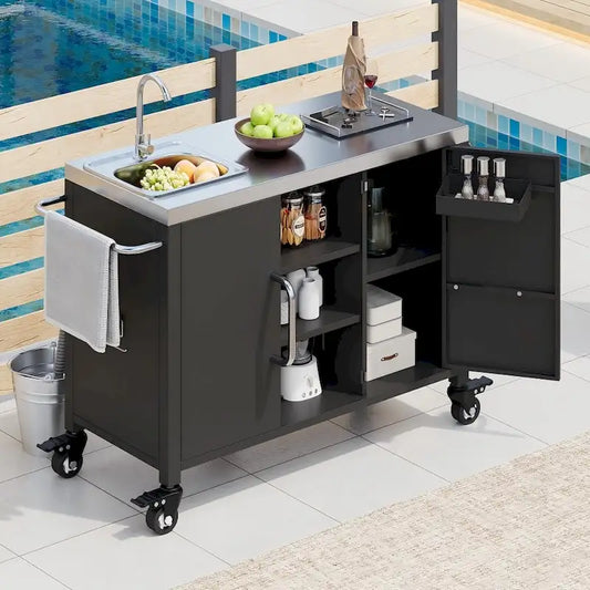 55.5  Outdoor Metal Kitchen Island with 304 Stainless Steel Sink and 4 Lockable Wheels