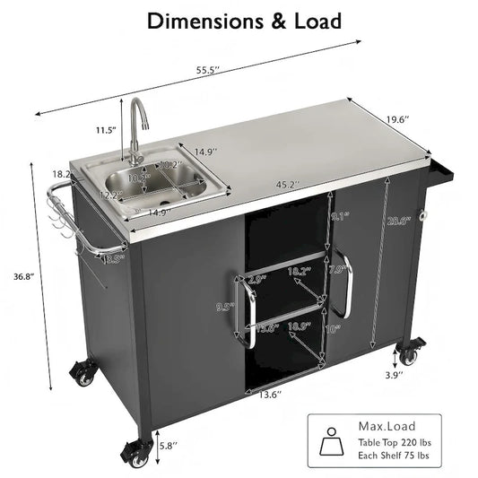 55.5  Outdoor Metal Kitchen Island with 304 Stainless Steel Sink and 4 Lockable Wheels