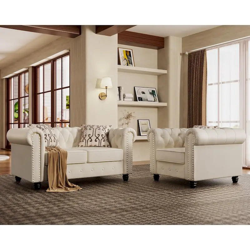 Morden Fort Classic Tufted Velvet Upholstered Chesterfield Club Chair Loveseat 2 Pieces with Nailhead for Living Room