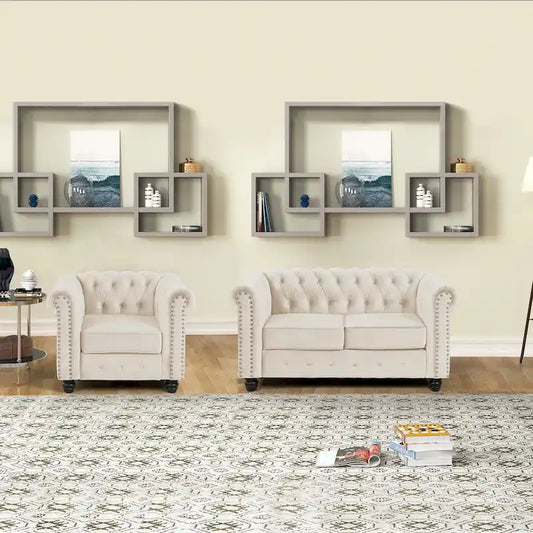 Morden Fort Classic Tufted Velvet Upholstered Chesterfield Club Chair Loveseat 2 Pieces with Nailhead for Living Room