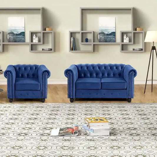 Morden Fort Classic Tufted Velvet Upholstered Chesterfield Club Chair Loveseat 2 Pieces with Nailhead for Living Room
