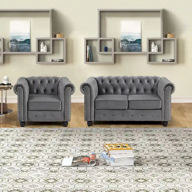 Morden Fort Classic Tufted Velvet Upholstered Chesterfield Club Chair Loveseat 2 Pieces with Nailhead for Living Room