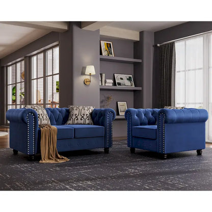 Morden Fort Classic Tufted Velvet Upholstered Chesterfield Club Chair Loveseat 2 Pieces with Nailhead for Living Room