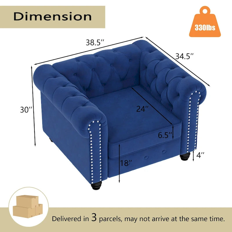 Morden Fort Classic Tufted Velvet Upholstered Chesterfield Club Chair Loveseat 2 Pieces with Nailhead for Living Room