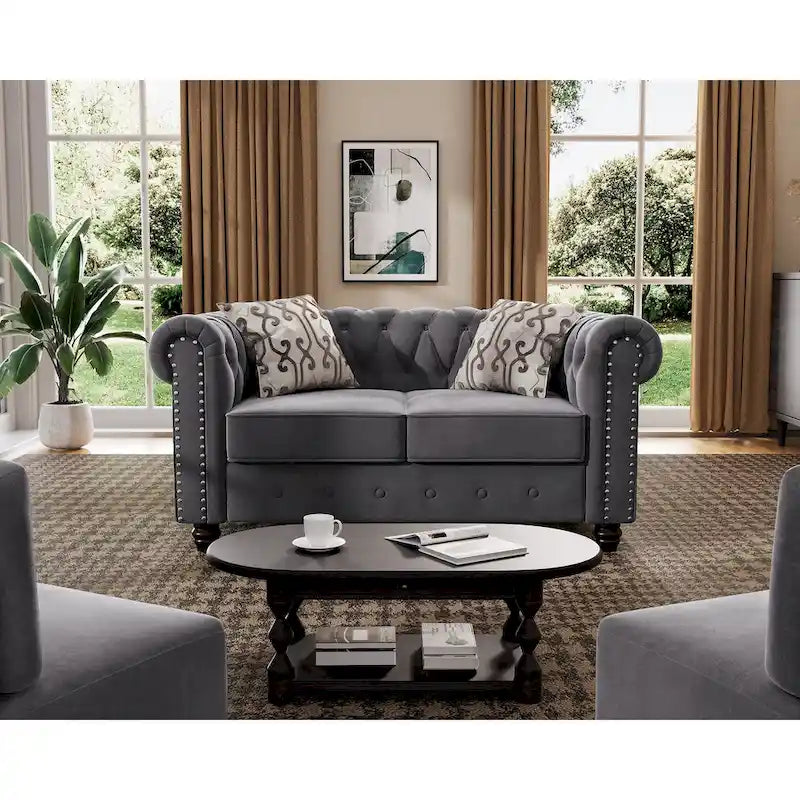 Morden Fort Classic Tufted Velvet Upholstered Chesterfield Club Chair Loveseat 2 Pieces with Nailhead for Living Room