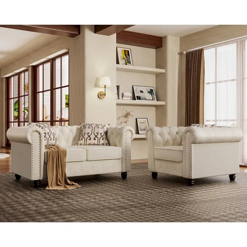 Morden Fort Classic Tufted Velvet Upholstered Chesterfield Club Chair Loveseat 2 Pieces with Nailhead for Living Room
