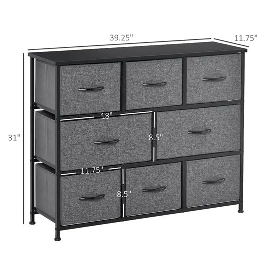 HOMCOM 8-Drawer Dresser, 3-Tier Fabric Chest of Drawers, Storage Tower Organizer Unit with Steel Frame Wooden Top for Bedroom