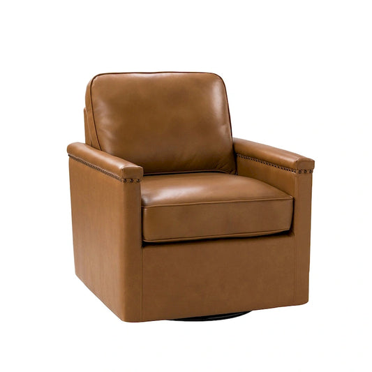 Rita Classic Genuine Leather Swivel Armchair With Nailhead Trims By HULALA HOME