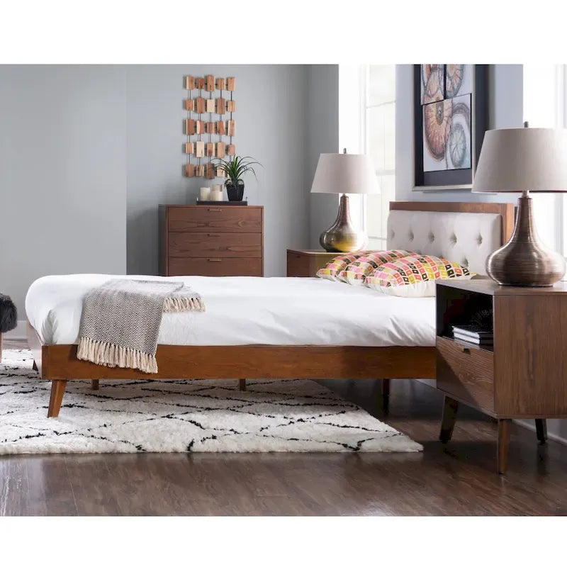 Upholstered Mid-century Modern Platform Bed with Upholstered Headboard