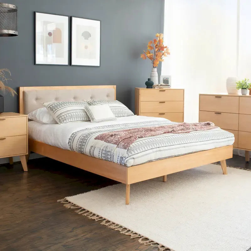 Upholstered Mid-century Modern Platform Bed with Upholstered Headboard