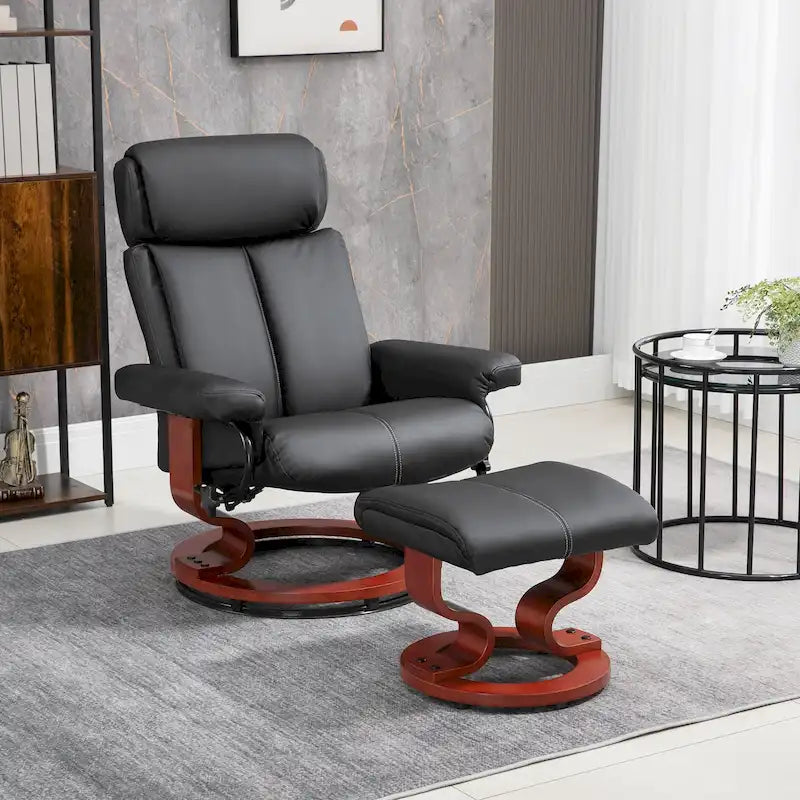 HOMCOM Recliner Chair with Ottoman, 360 Swivel Reclining Chair with Wood Base and Matching Footrest, Black