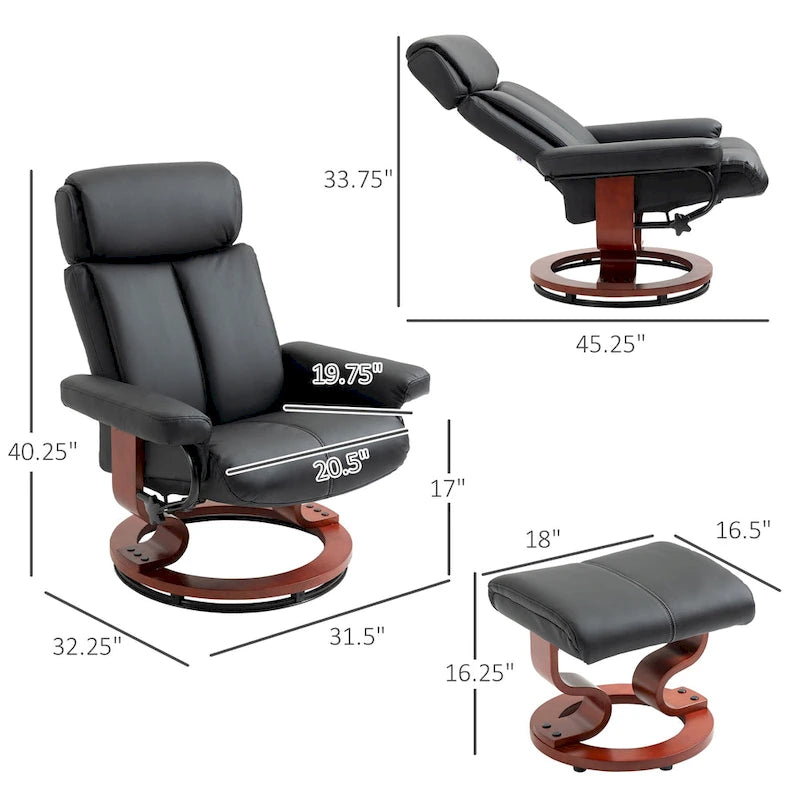 HOMCOM Recliner Chair with Ottoman, 360 Swivel Reclining Chair with Wood Base and Matching Footrest, Black