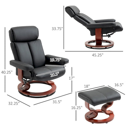 HOMCOM Recliner Chair with Ottoman, 360 Swivel Reclining Chair with Wood Base and Matching Footrest, Black