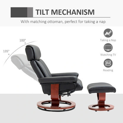 HOMCOM Recliner Chair with Ottoman, 360 Swivel Reclining Chair with Wood Base and Matching Footrest, Black