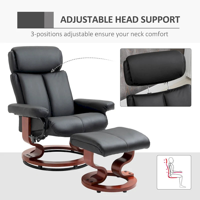 HOMCOM Recliner Chair with Ottoman, 360 Swivel Reclining Chair with Wood Base and Matching Footrest, Black