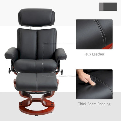 HOMCOM Recliner Chair with Ottoman, 360 Swivel Reclining Chair with Wood Base and Matching Footrest, Black