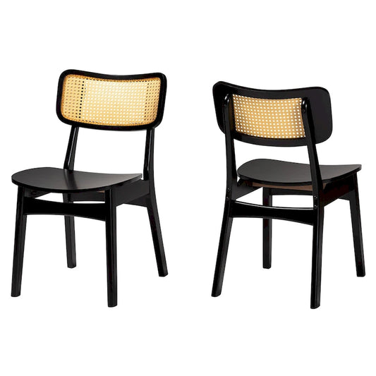 Tafari Mid-Century Modern Wood and Rattan 2-Piece Dining Chair Set