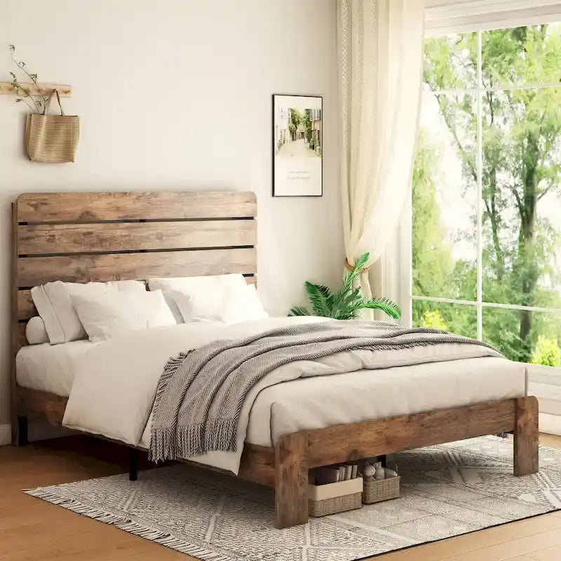 Wooden Platform Bed Frame with Headboard & Large Under Bed Storage