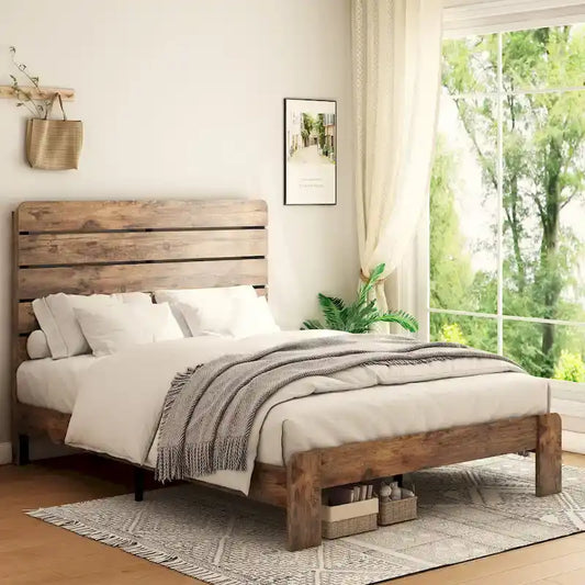 Wooden Platform Bed Frame with Headboard & Large Under Bed Storage