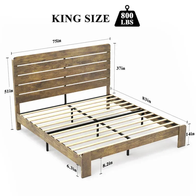 Wooden Platform Bed Frame with Headboard & Large Under Bed Storage