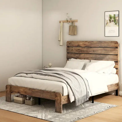 Wooden Platform Bed Frame with Headboard & Large Under Bed Storage
