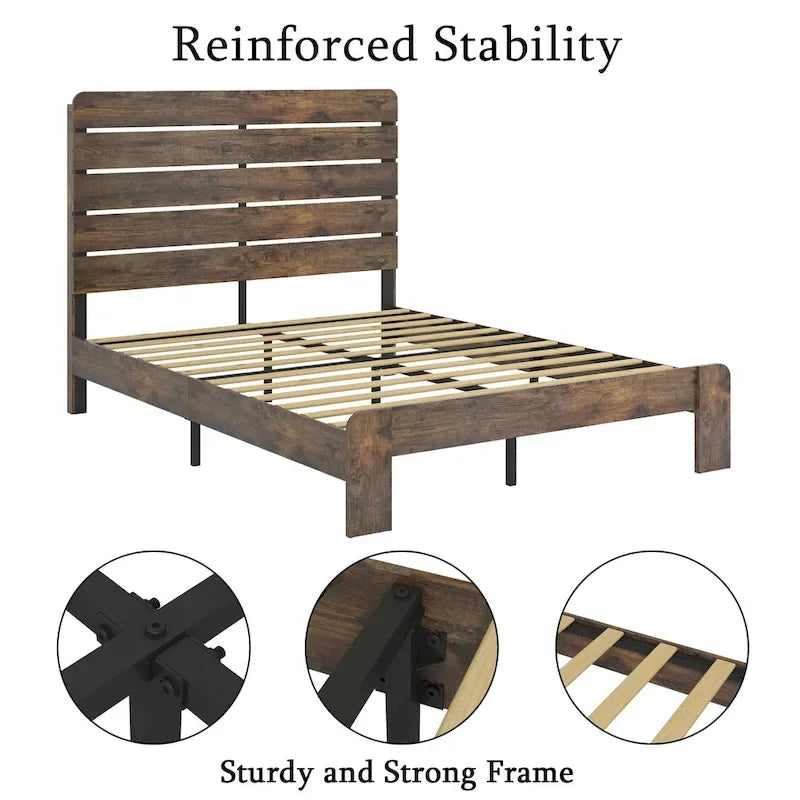 Wooden Platform Bed Frame with Headboard & Large Under Bed Storage