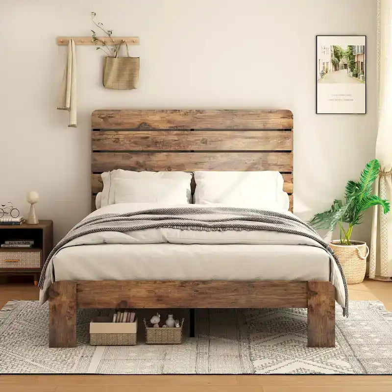 Wooden Platform Bed Frame with Headboard & Large Under Bed Storage
