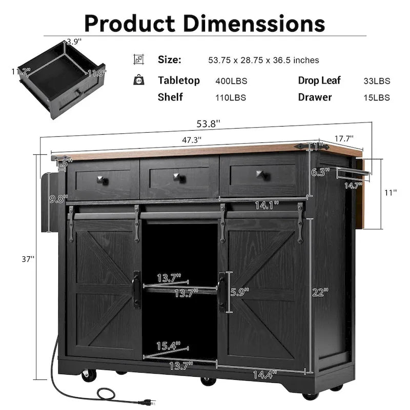 Kitchen Island with Power Outlet and Drop Leaf tabletop by Harper&Bright Designs