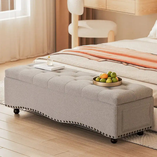 48.5  Tufted Storage Ottoman Bench with Nailhead Trims & 2 Large Side Pockets for Bedroom, Living Room, Entryway