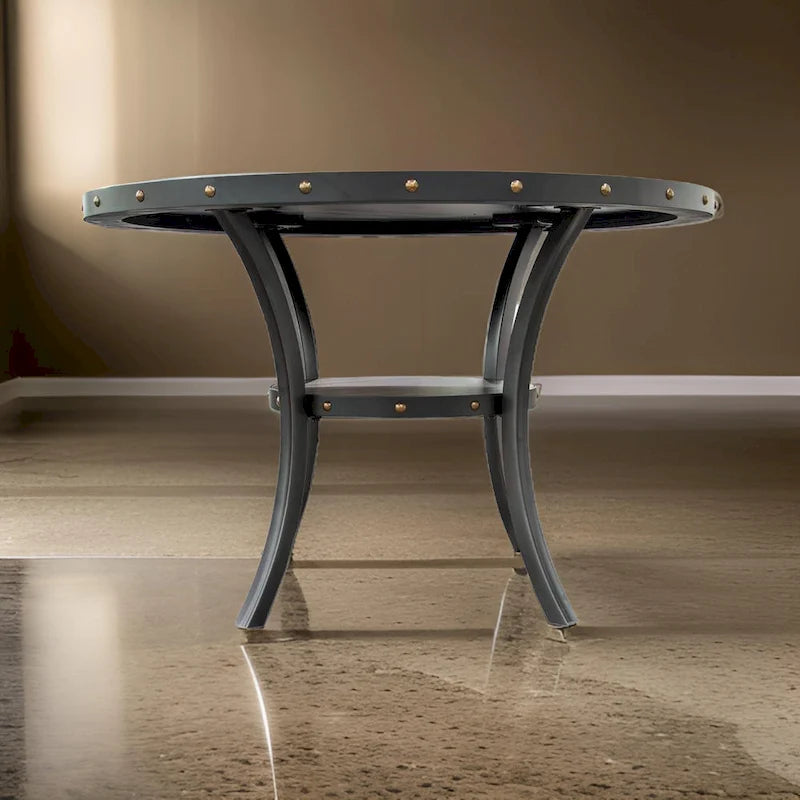 Sie 48 Inch Dining Table, Round Nailhead Trim Top with Shelf, Black Wood