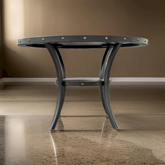 Sie 48 Inch Dining Table, Round Nailhead Trim Top with Shelf, Black Wood