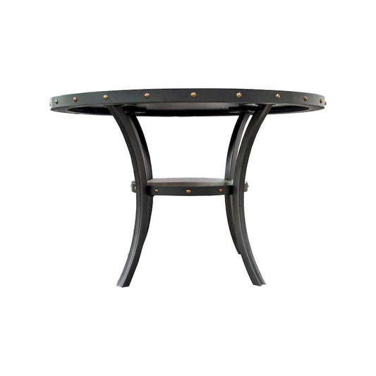 Sie 48 Inch Dining Table, Round Nailhead Trim Top with Shelf, Black Wood