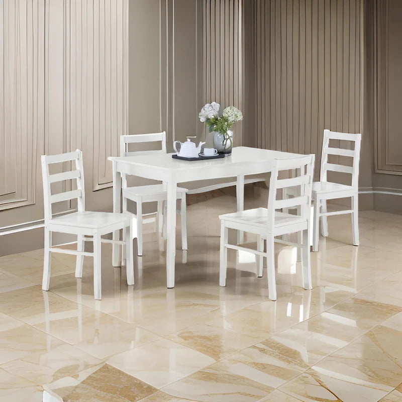 Lav 5 Piece Dining Table and 4 Chair Set, Open Backs, White Solid Wood